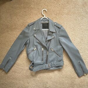 All Saints Women's Blue Leather Moto Jacket with Belt